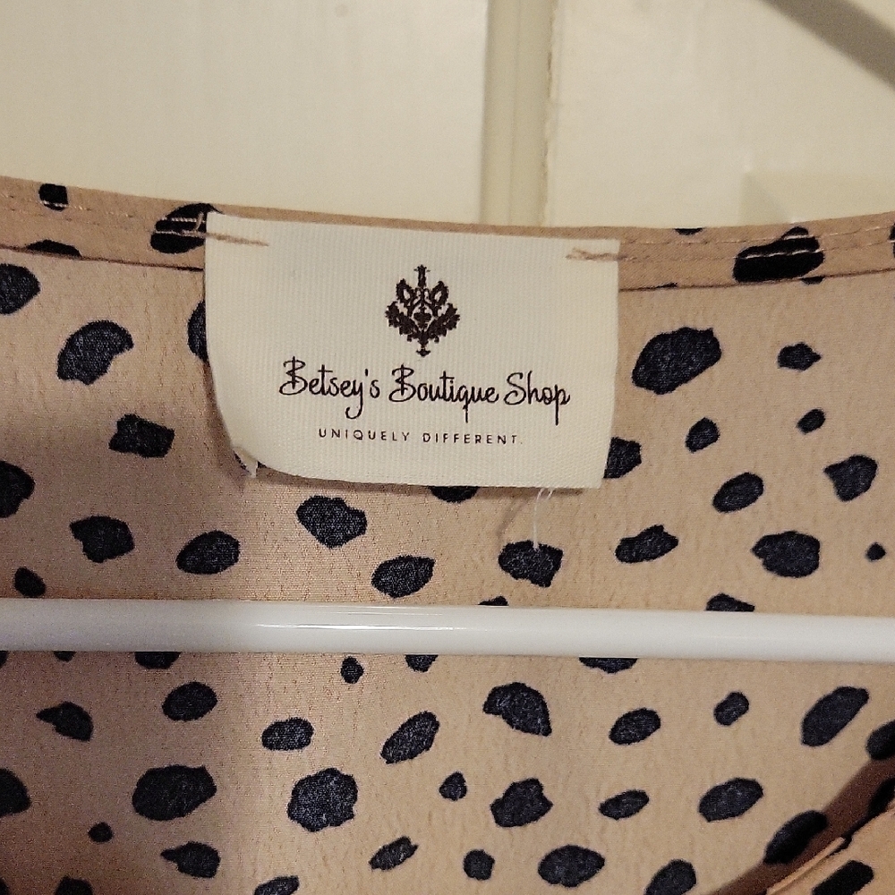 Elegant Tan Polka Dot Midi Dress - Picture 2 of 10